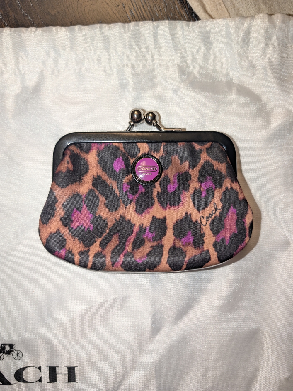 Coach Leopard Print Kiss-Lock Coin Purse in Brown & Purple